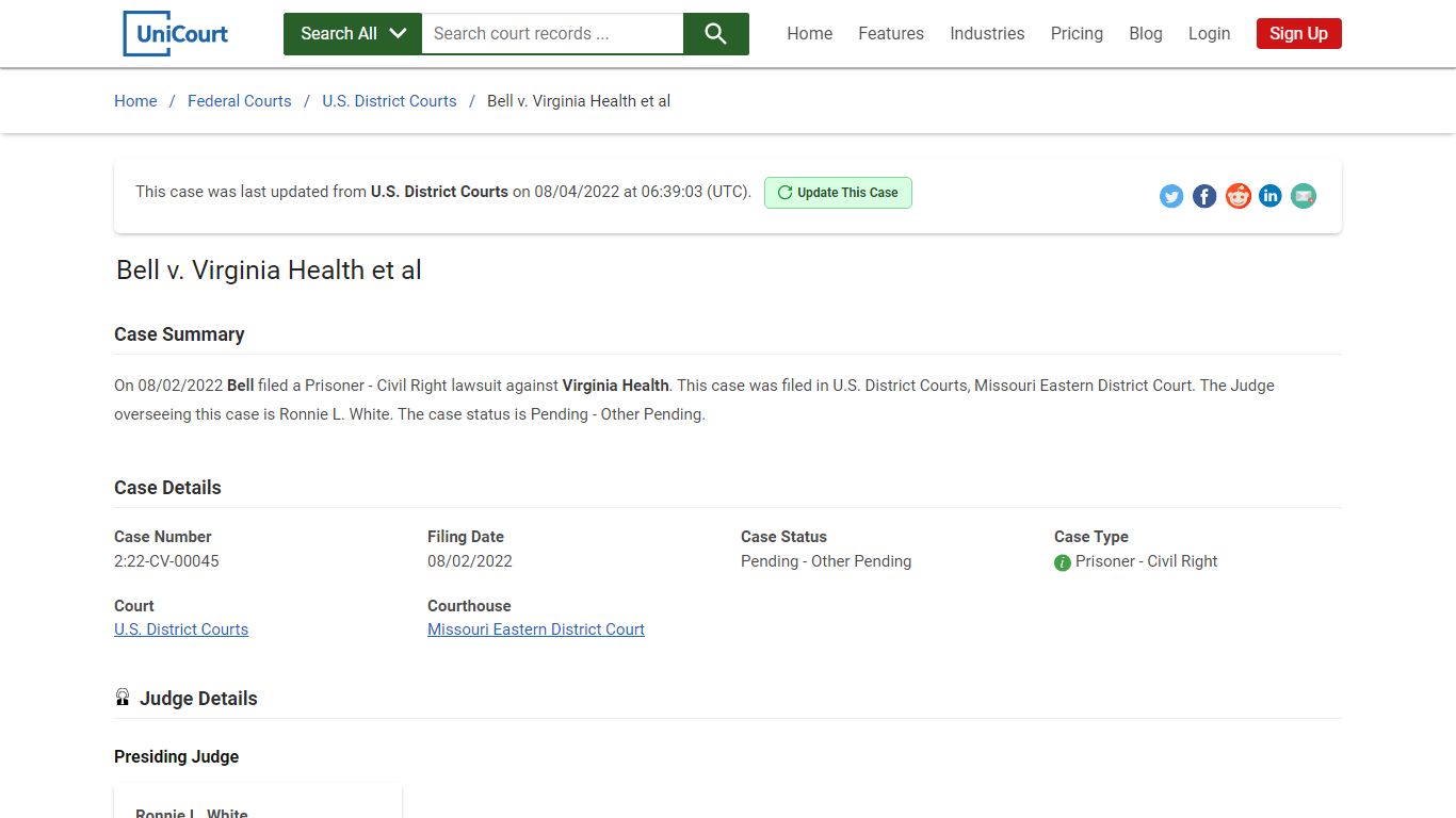Bell v Virginia Health et al | 2:22-CV-00045 | Court Records - UniCourt